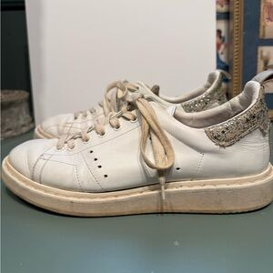Golden Goose White Leather Sneakers with Glitter Heel Accent
